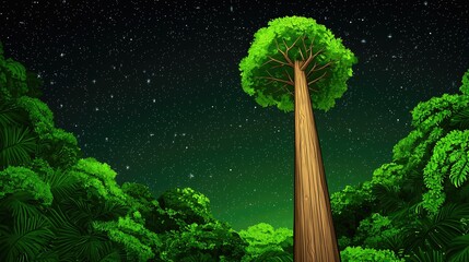 Pixel Art Night Forest Tall Tree Under Starlit Sky