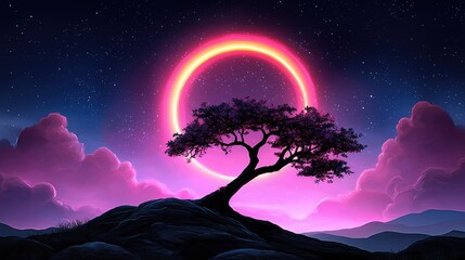 Pixel Art Night Landscape Glowing Ring and Silhouetted Tree