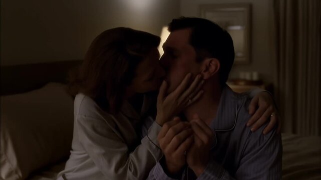 An intimate moment of a couple sharing a tender kiss in a dimly lit bedroom setting Stock Video