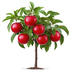 Small Red Apple Tree with Lush Green Leaves Against White Background