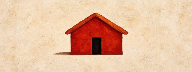 Small Red House Figurine on Beige Textured Background