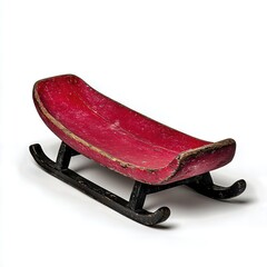 Small Red Wooden Sleigh with Black Runners on White Background