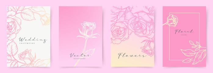 Floral elegant pink card set with hand drawn roses. Vector flower background for wedding invitation, card, social media, business card, flyer, banner, label