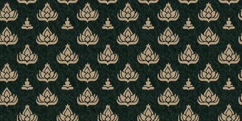 Elegant seamless Thai pattern featuring lotus flowers and serene Buddha silhouettes in a luxurious color palette.