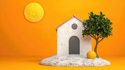 Small White House on Sandy Island under Yellow Sun 3D Render