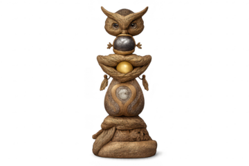 Stylized totem with owl, layered art, isolated transparent background