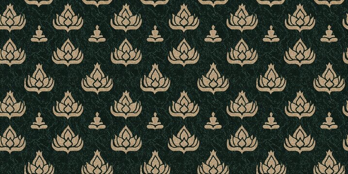 Elegant seamless Thai pattern featuring lotus flowers and serene Buddha silhouettes in a luxurious color palette.