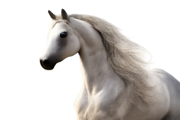 Elegant white horse portrait against transparent background, equine art