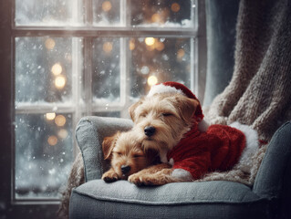 A cozy Norfolk Terrier and her festive puppies enjoy a snowy holiday wonderland from the warmth of their armchair.