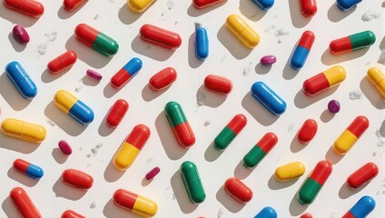 Colorful Pills and Capsules Scattered on White Surface.
