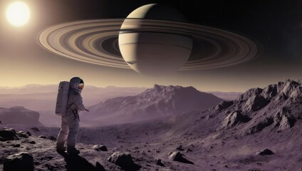Astronaut on alien planet with Saturn in the background.
