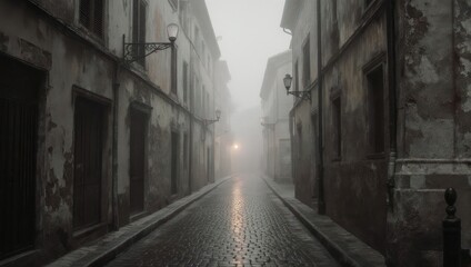 Eerie Foggy Street Scene in an Old European Town.