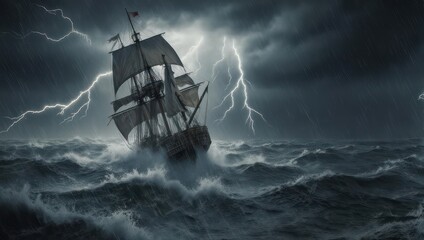 Ship in a Stormy Sea with Lightning Strikes.