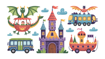 Naklejka premium Magical Ride: A whimsical illustration showcases a fantasy world with various modes of transportations. including a dragon-pulled airship, a fairy-winged train, a bus, castle and ship.