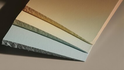 Stacked sheets of different colored paper with textured edges.