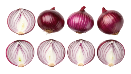 Eight Red Onions with Halved Sides Displayed in a Grid Pattern halved onions purple onions