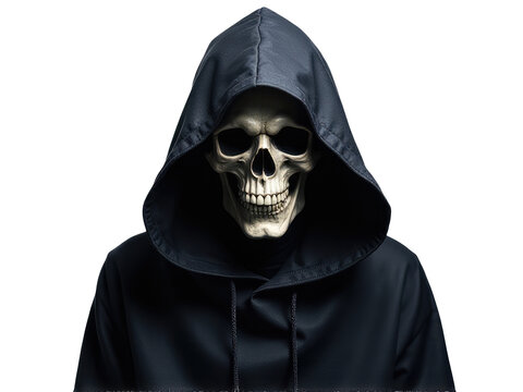 A mysterious figure wearing a hooded cloak with a skull design, perfect for Halloween or horror themes