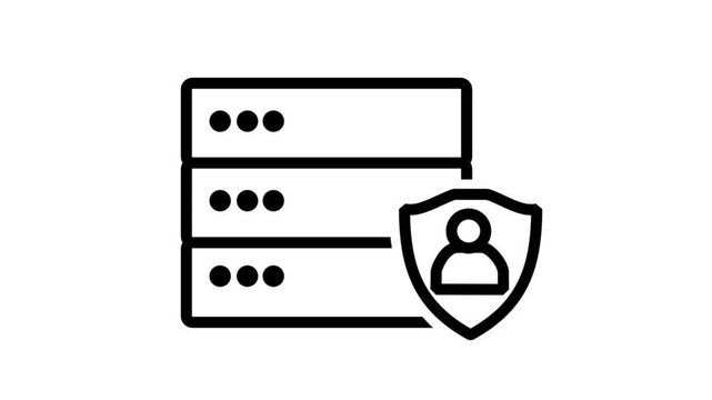 Animated database server icon featuring a protected user profile, representing secure data storage, cloud computing, and personal information privacy management.