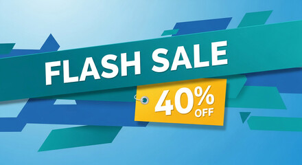 An abstract geometric background with text "Flash Sale" and a tag "40% off", representing a promotional campaign, discounts, and consumerism