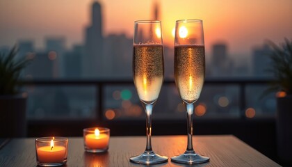 Two champagne glasses sparkle on table with candles. City skyline glows at sunset from rooftop bar. Couple celebrates special occasion like anniversary or engagement with drinks.