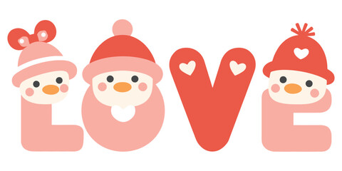 Cute winter-themed cartoon characters forming the word &ldquo;LOVE&rdquo; with hearts and cozy hats.