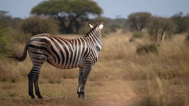 A solitary zebra standing majestically in its natural savanna habitat, stripes and alert gaze emphasized. The zebra stands out as a striking contrast against the warm. Stock Video