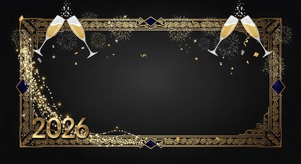 Happy New Year 2026 Celebration with Golden Frame and Champagne Glasses on Black Background.