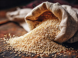 Close Up of Quinoa Grains Spilling from a Linen Bag on Wood Surface