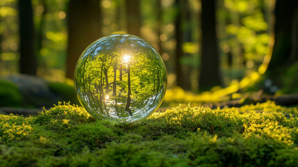Crystal glass globe on green forest symbolizes sustainability clean energy eco-friendly practices green business and commitment to carbon reduction toward net zero future