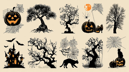 Creepy Halloween Set with Carved Jack-o'-Lanterns and Spooky Trees
