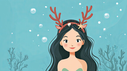 Cute Cartoon Mermaid with Reindeer Antlers in Underwater Scene