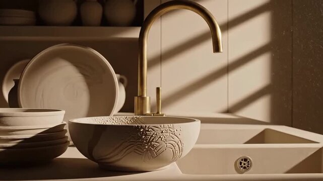 Elegant Still Life Of Dishes And Kitchenware Placed Neatly Around The Sink  In Warm Lighting