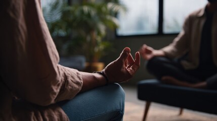 Medium shot of a coach guiding a client through a mindfulness meditation session in a serene studio setting emphasizing mental clarity and present moment awareness.