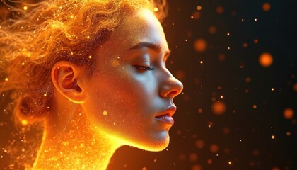 Woman profile glows with orange particles, hair like fire swirls. Calm face with closed eyes, peaceful aura surrounds her. Abstract digital art conveys mystic serenity and inner harmony.