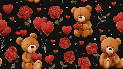 Adorable Full-Bodied Teddy Bear Couple with Roses and Balloons