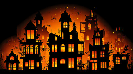 Haunted Castle Silhouettes on Halloween Night with Spooky Elements