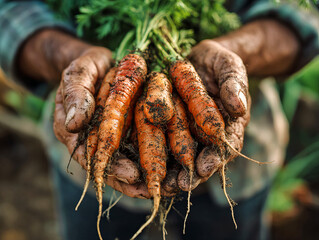 Hands Holding Fresh Carrots Harvested from the Soil in a Garden