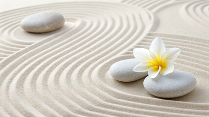 Curved lines in sand with stones and a flower placed nearby in a simple arrangement