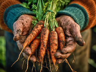 Hands Holding Fresh Carrots Harvested by Farmers in the Field