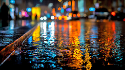 Heavy Downpour on City Street with Glowing Reflections at Night