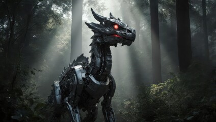 Mechanical Dragon in Forest with Glowing Red Eyes.