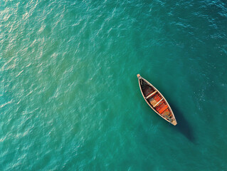 Serene Lonely Boat Floating on Calm Ocean Waters at Sunset