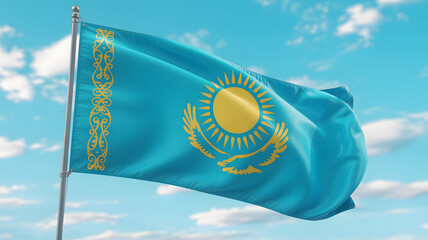 Kazakhstan flag waving in the wind with blue sky background