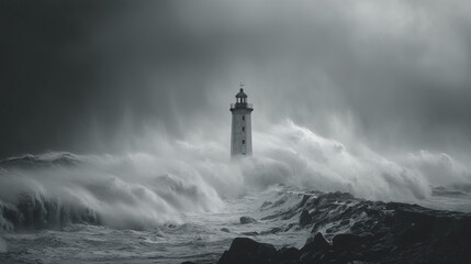 Lonely Lighthouse Standing Against Stormy Ocean Waves
