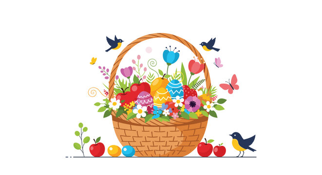 Easter basket filled with colorful eggs and spring flowers surrounded by perching birds and flying butterflies on a white background.