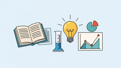 Education and innovation concept with book beaker light bulb and graphs with learning and science and knowledge and idea and inspiration and study