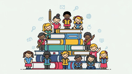 Diverse group of happy children playing and learning around a large stack of colorful books and giant pencils on a light background with educational icons