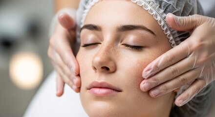 Professional facial skincare treatment in a spa or clinic setting with a woman receiving a relaxing facial massage from an aesthetician for beauty and skin health enhancement