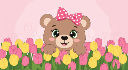 Fototapeta premium An adorable baby bear with a pink polka-dot bow peeks out from a beautiful field of pink and yellow spring tulips.