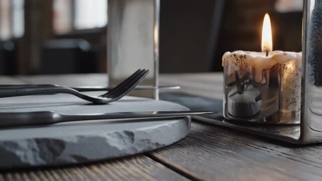 Elegant Table Setting Featuring A Lit Candle And Modern Cutlery For Fine Dining